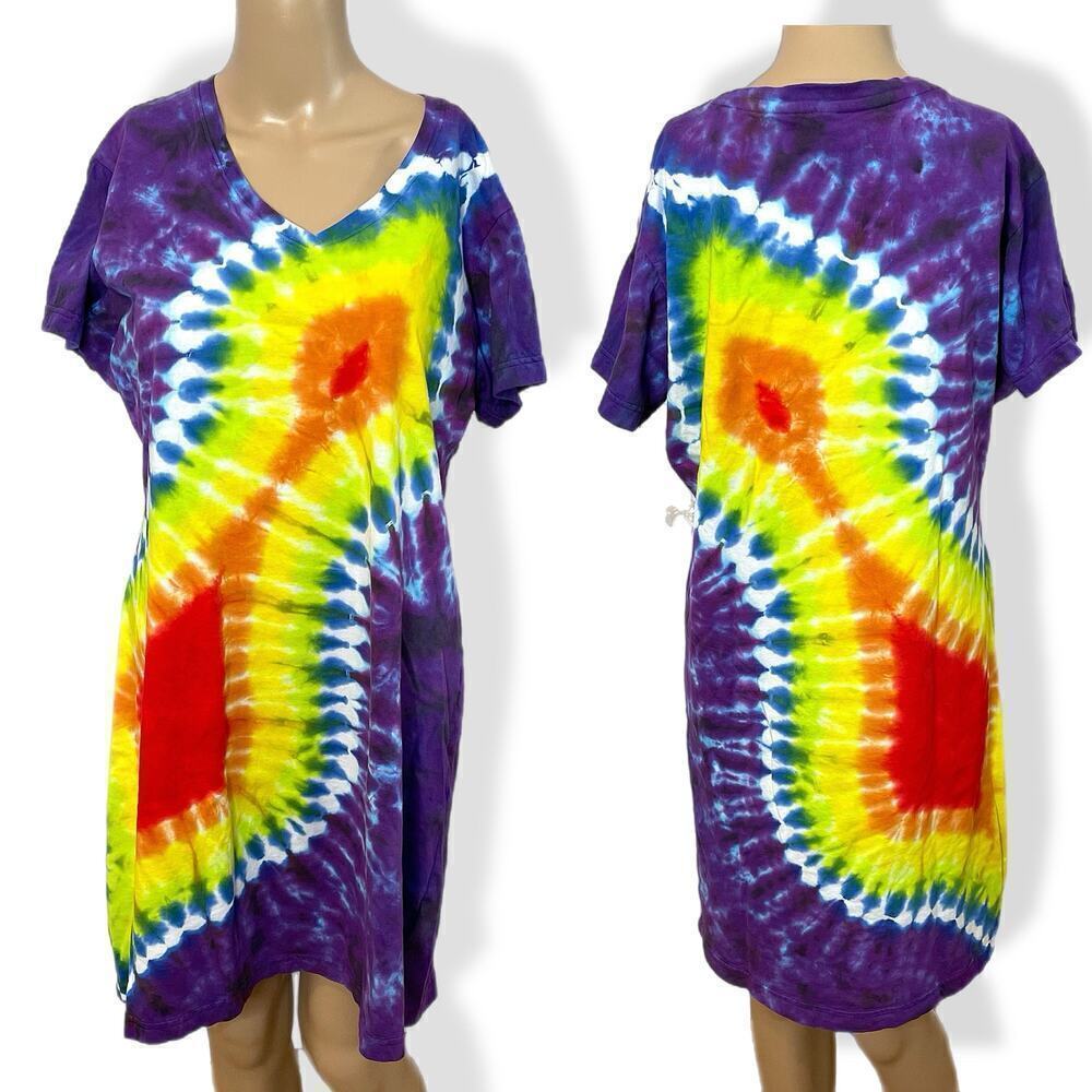 handmade tie dyed ladies short sleeve dress rainbow purple L